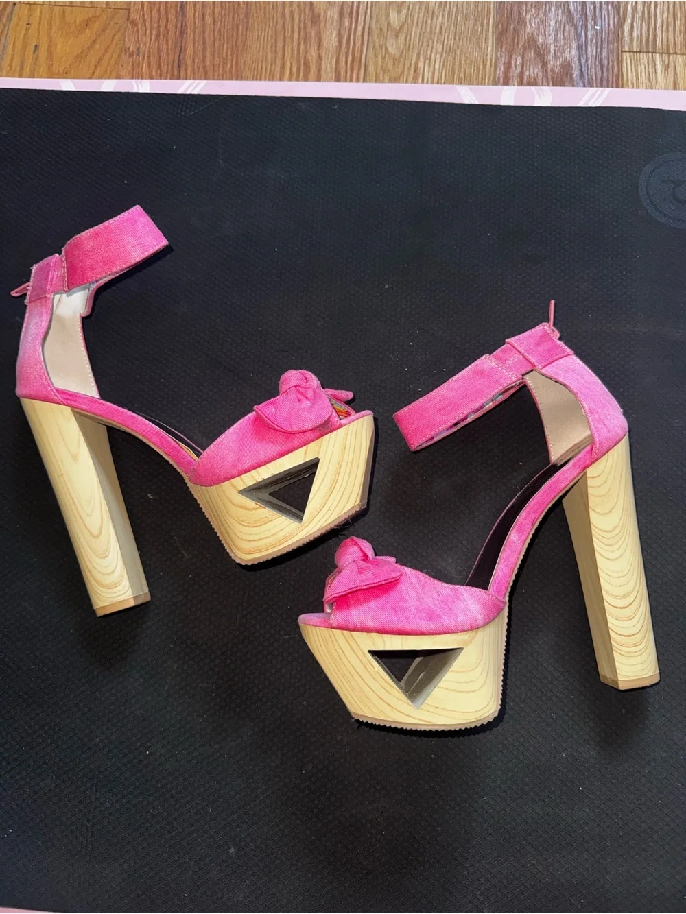 Qupid Hot Pink Suede Platform Sandals with Wood-Look Block Heel